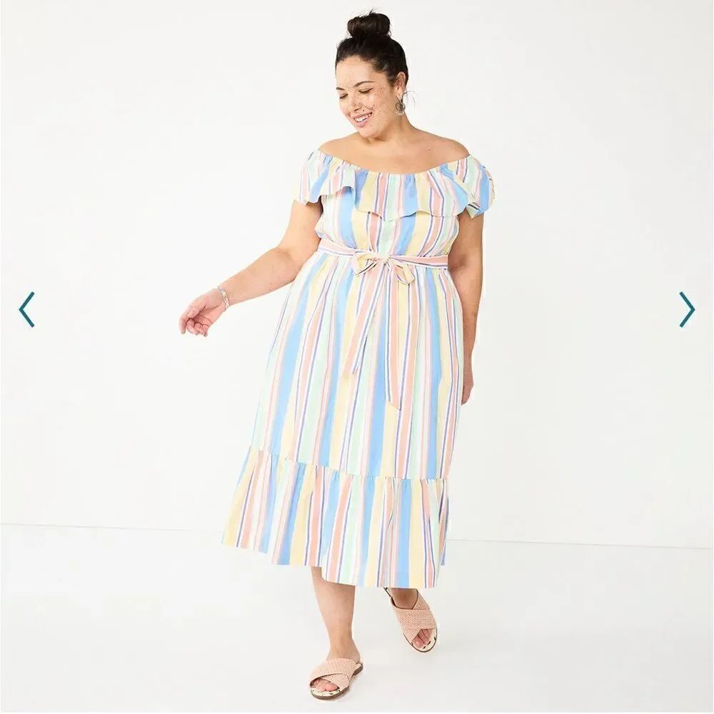 DRAPER JAMES RSVP Off Shoulder Ruffle Sleeve Striped Midi Dress *NEW*